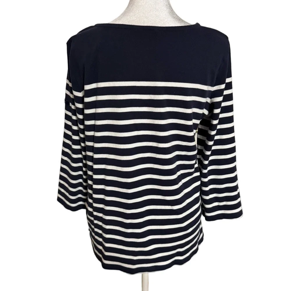 Nautica Navy and White Striped 3/4 Long Sleeve Boatneck Cotton Top Women Size L